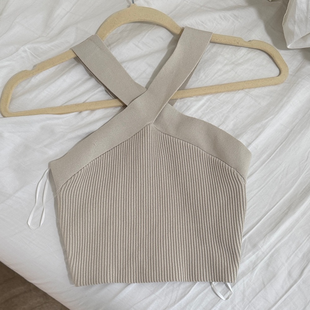 Babaton Beige Ribbed Halter Tank Top